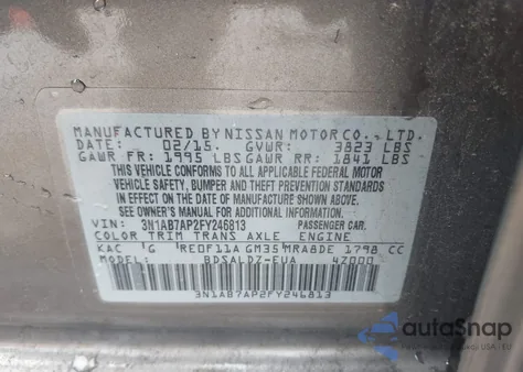 2015 Nissan Sentra Fe+ S/S/Sl/Sr/Sv z USA, uszkodzony, nr VIN 3N1AB7AP2FY246813